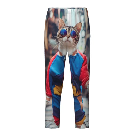 Yiaed Cool Cat In Sunglasses Print Teenagers' Lounge Pants, Loose PJ Bottoms, Long Pajama Pants for Men-XS(5-6)