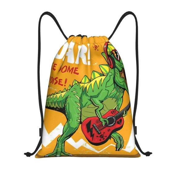 Yiaed Cool Dinosaur Playing Guitar Print Drawstring Bags Drawstring Backpack Bulk String Back Pack Gym Sport Bag-Medium