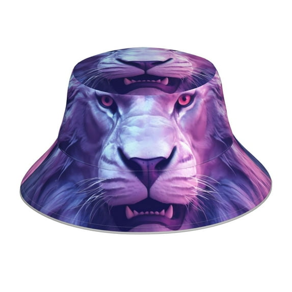 Yiaed Cool Lion Head Print Reflective Stripe Bucket Hat Unisex Funny Outdoor Fisherman Cap Beach Sun Hat