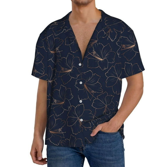 Yiaed Copper-Gold Gloss Outline Lily Flower Print Mens Casual Wrinkle Free Shirts Short Sleeve Button Down Summer Stretch Dress Shirt-4X-Large