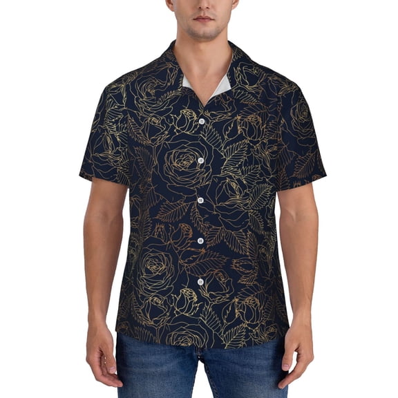 Yiaed Copper-Gold Gloss Outline Rose Print Hawaiian Shirt for Men Short Sleeve Button Down Shirts Beach Shirts for Men-3X-Large
