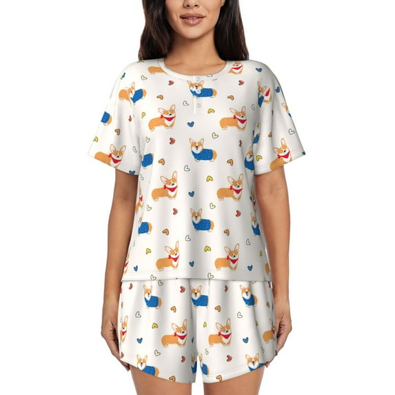 Yiaed Corgi Dog And Heart Print Short Sleeve Pajama Sets for Women Casual Crew Neck 2 Piece Lounge Sets Women's Short-Sleeved Pajama-Medium