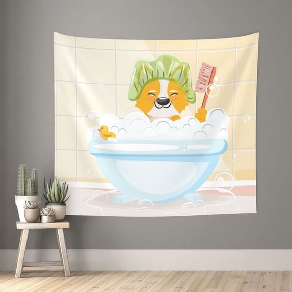 Yiaed Corgi In The Shower Cap Bathing Print Tapestry for Bedroom,Tapestry Wall Tapestries, Tapestry Aesthetic for Living Room Dorm Room 51" X 60"