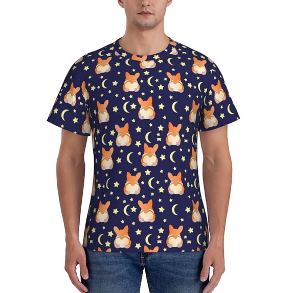 Yiaed Corgi Lying With Moons And Stars Print Mens Short Sleeve Tight Fit T-Shirt, Crewneck Casual Tee-Medium
