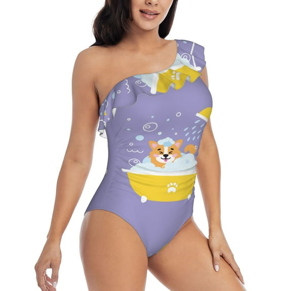 Yiaed Corgi Washing in Bathtub Print Women One Piece Swimsuits Tummy Control One Shoulder Bathing Suits Pattern Ruffle Swimwear-XX-Large