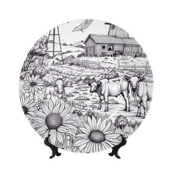 Yiaed Country Farm Scene Print Bone China Decorative Plate Ceramic Dinner Plates Art Crafts with Display Stand-10in