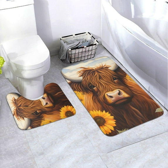 Yiaed Countryside Sunflower Cow Print Bathroom Mat Set 2 Pieces Mat Anti-Skid Pad Ultra Soft and Absorbent Bathroom Bath Mat Contour Bath Rugs for Toilet Base