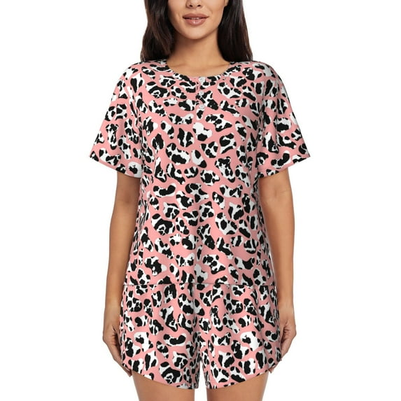 Yiaed Cow Animal Skin Print Short Sleeve Pajama Sets for Women Casual Crew Neck 2 Piece Lounge Sets Women's Short-Sleeved Pajama-XX-Large