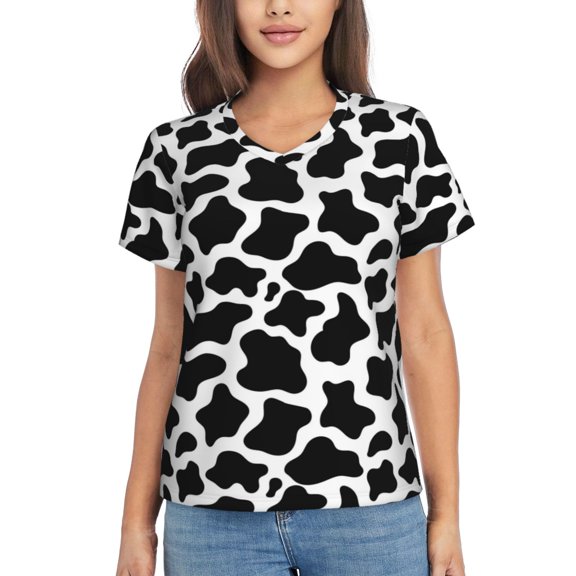 Yiaed Cow Print Black White Print Women's T Shirt V-Neck Short Sleeve Shirt Casual Breathable Tee Summer Tops-Medium