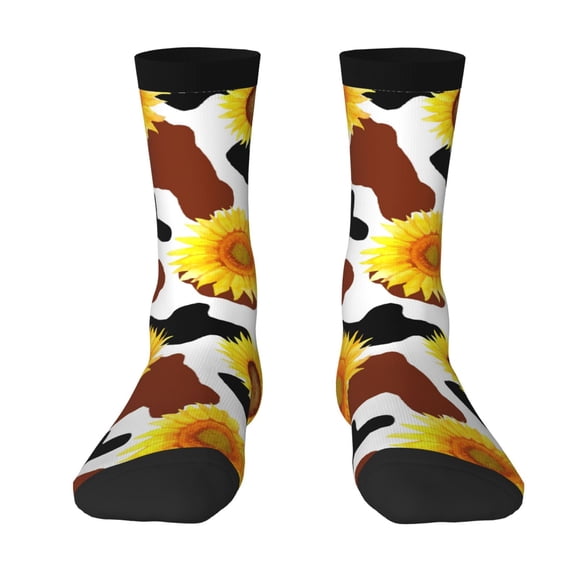 Yiaed Cow Print Sunflower Print Great elasticity Crew Socks Sports socks for Men and Women