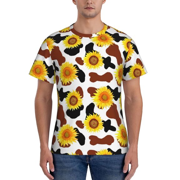 Yiaed Cow Print Sunflower Print Mens Short Sleeve Tight Fit T-Shirt, Crewneck Casual Tee-Medium