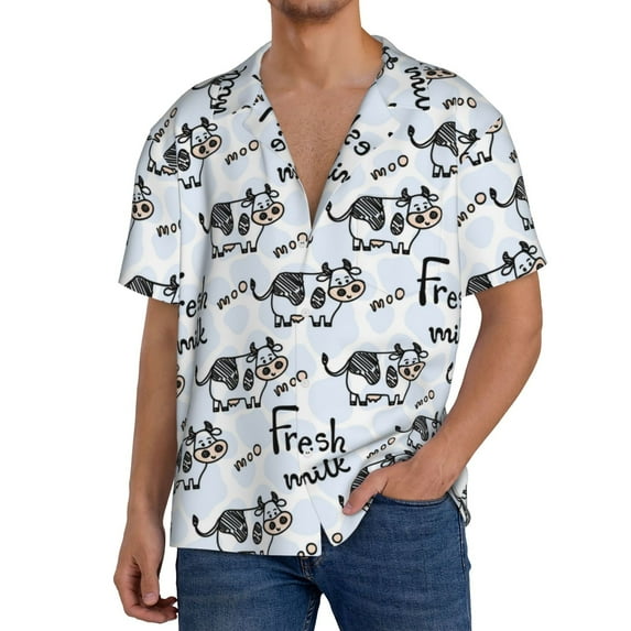 Yiaed Cow With Fresh Milk Print Mens Casual Wrinkle Free Shirts Short Sleeve Button Down Summer Stretch Dress Shirt-Small