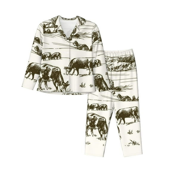 Yiaed Cows Grazing On The Meadow 1 Print Pajamas Women's Long Sleeve Sleepwear Soft Button Down Loungewear Pjs Lounge Set Nightwear Womens Pajama Pants-Medium