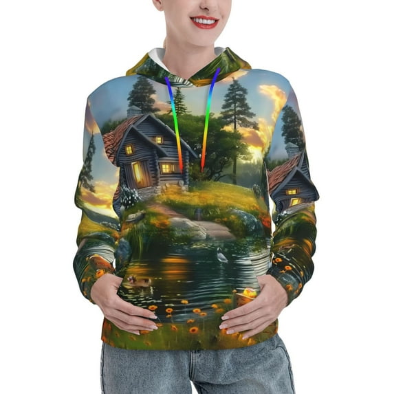 Yiaed Cozy Cottage Lakeside Sunset Print Womens Casual Hoodies Crew Neck Long Sleeve Sweatshirts With Pocket Pullover Tops Women's Hooded Sweatshirt-Small