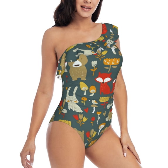 Yiaed Cute Animal Forest Print Women One Piece Swimsuits Tummy Control One Shoulder Bathing Suits Pattern Ruffle Swimwear-XX-Large
