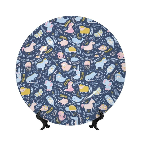 Yiaed Cute Baby Animals Print Bone China Decorative Plate Ceramic Dinner Plates Art Crafts with Display Stand-10in