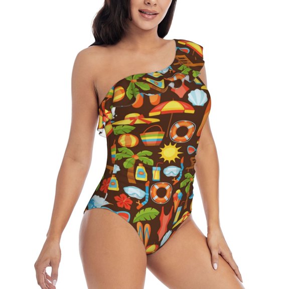 Yiaed Cute Beach Dolphin Print Women One Piece Swimsuits Tummy Control One Shoulder Bathing Suits Pattern Ruffle Swimwear-XX-Large