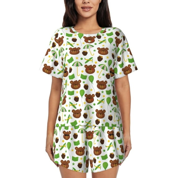 Yiaed Cute Bear Print Short Sleeve Pajama Sets for Women Casual Crew Neck 2 Piece Lounge Sets Women's Short-Sleeved Pajama-X-Large
