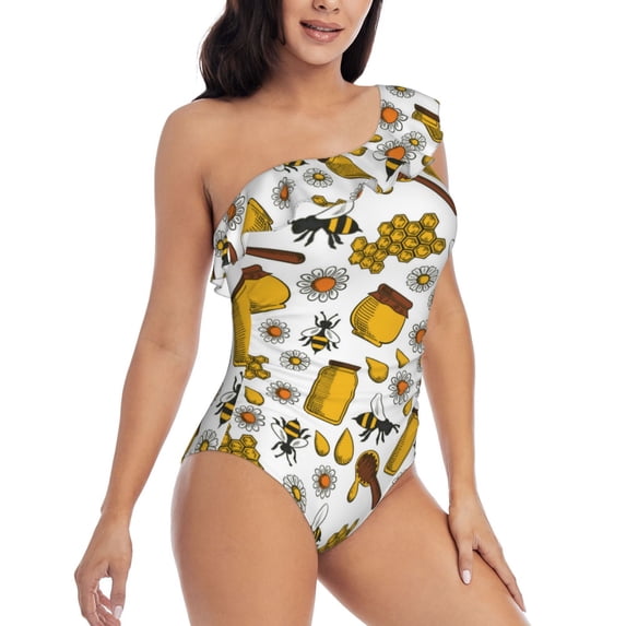 Yiaed Cute Bee Print Women One Piece Swimsuits Tummy Control One Shoulder Bathing Suits Pattern Ruffle Swimwear-XX-Large