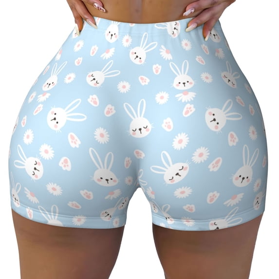 Yiaed Cute Bunny Print Women's Athletic Shorts Running Shorts Sporty Short High Waisted Elastic Workout Shorts for Yoga Gym Running & Sports -Medium