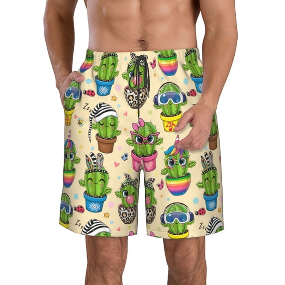 Yiaed Cute Cartoon Cactus Print Men's Swim Trunks with Lining Quick Dry Sports Shorts Beach Shorts Boardshorts-XX-Large