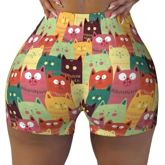Yiaed Cute Cartoon Cat Print Women's Athletic Shorts Running Shorts Sporty Short High Waisted Elastic Workout Shorts for Yoga Gym Running & Sports -Large
