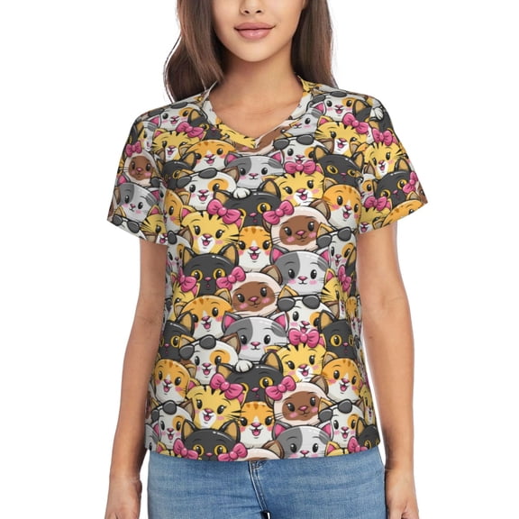 Yiaed Cute Cat Cartoon Print Women's T Shirt V-Neck Short Sleeve Shirt Casual Breathable Tee Summer Tops-XX-Large