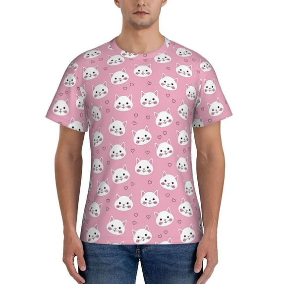 Yiaed Cute Cat Print Mens Short Sleeve Tight Fit T-Shirt, Crewneck Casual Tee-Large