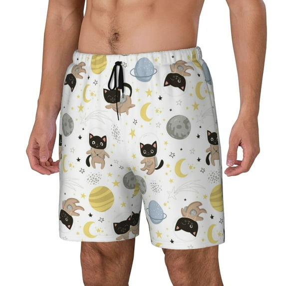 Yiaed Cute Cat Print Mens Swim Trunks Bathing Suit Compression Liner Beach Swim Shorts Swimwear Quick Dry Zipper Pocket No-Chafing Board Short-Small