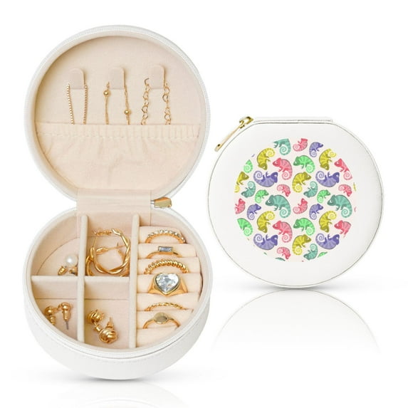 Yiaed Cute Chameleons Print Travel Jewelry Case Bridesmaid Gift Boxes Jewelry Travel Organizer Small Round Jewelry Box Mini Storage-White