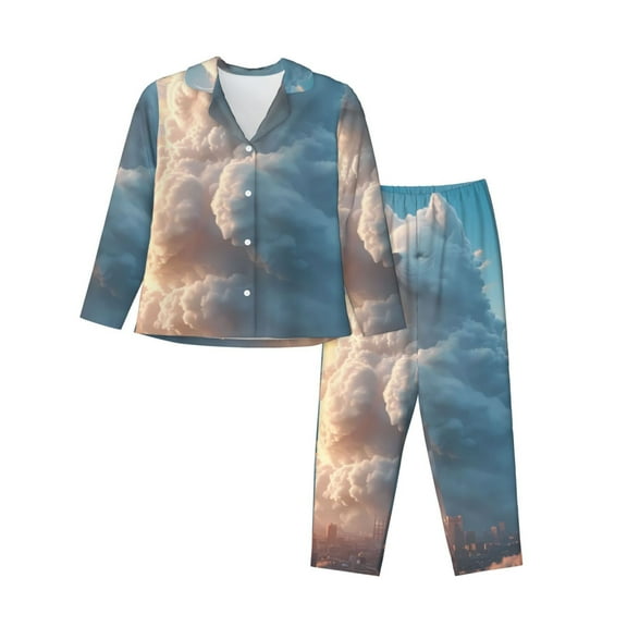 Yiaed Cute Cloud Cat Print Pajamas Women's Long Sleeve Sleepwear Soft Button Down Loungewear Pjs Lounge Set Nightwear Womens Pajama Pants-Large