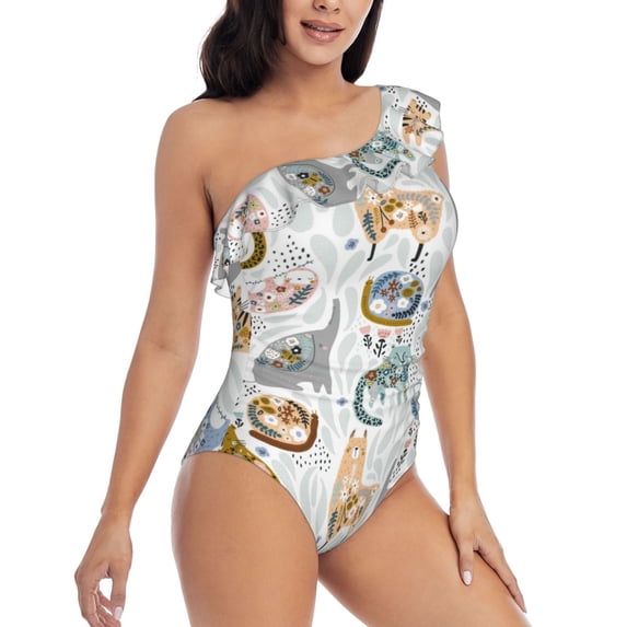 Yiaed Cute Colorful Animal Print Women One Piece Swimsuits Tummy Control One Shoulder Bathing Suits Pattern Ruffle Swimwear-Large