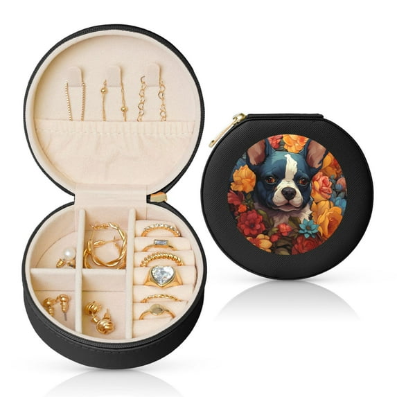 Yiaed Cute Colorful Flower French Bulldog Print Travel Jewelry Case Bridesmaid Gift Boxes Jewelry Travel Organizer Small Round Jewelry Box Mini Storage-Black