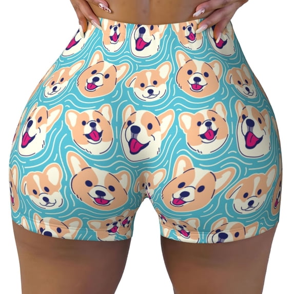 Yiaed Cute Corgi Head Print Women's Athletic Shorts Running Shorts Sporty Short High Waisted Elastic Workout Shorts for Yoga Gym Running & Sports -Large
