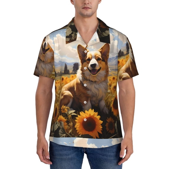 Yiaed Cute Corgi Sunflower Print Hawaiian Shirt for Men Short Sleeve Button Down Shirts Beach Shirts for Men-Small