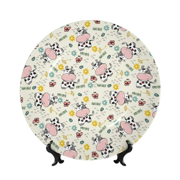 Yiaed Cute Cow Print Bone China Decorative Plate Ceramic Dinner Plates Art Crafts with Display Stand-8in