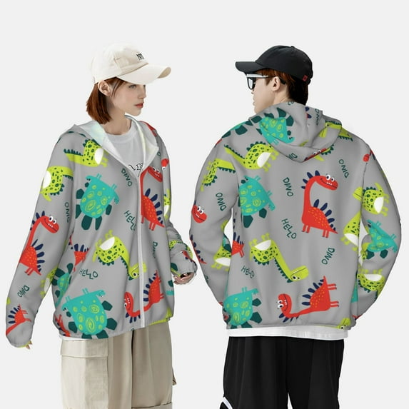 Yiaed Cute Dinosaur Print Sun Shirts UPF 50+ Protection Hoodie Rash Guard Shirt UV Shirt Long Sleeve Fishing Outdoor Lightweightase-Large