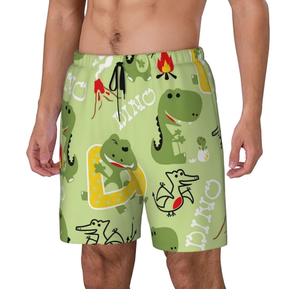 Yiaed Cute Dinosaurs Cartoon Print Mens Swim Trunks Bathing Suit Compression Liner Beach Swim Shorts Swimwear Quick Dry Zipper Pocket No-Chafing Board Short-