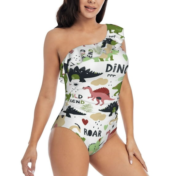Yiaed Cute Dinosaurs Print Women One Piece Swimsuits Tummy Control One Shoulder Bathing Suits Pattern Ruffle Swimwear-X-Large