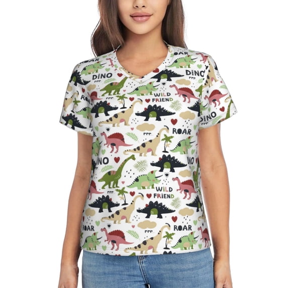 Yiaed Cute Dinosaurs Print Women's T Shirt V-Neck Short Sleeve Shirt Casual Breathable Tee Summer Tops-X-Large