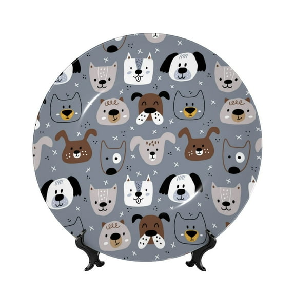 Yiaed Cute Dog Faces Print Bone China Decorative Plate Ceramic Dinner Plates Art Crafts with Display Stand-8in