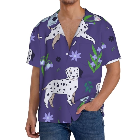 Yiaed Cute Dog Print Mens Casual Wrinkle Free Shirts Short Sleeve Button Down Summer Stretch Dress Shirt-Large