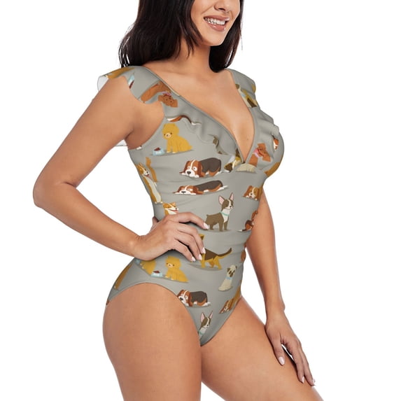 Yiaed Cute Dog Print Women's Ruffled One Piece Swimsuit V Neck Swimwear Slimming Monokini for Woman-Large
