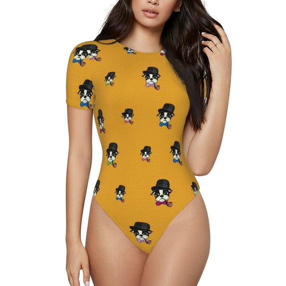 Yiaed Cute Dog Print Women's Waist-Cinching Short-Sleeved Onesie,Elastic Onesiet,Snaps At Bottom,Easy To Put On And Take Off for Wome Bodysuit -X-Large