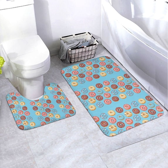 Yiaed Cute Donut Print Bathroom Mat Set 2 Pieces Mat Anti-Skid Pad Ultra Soft and Absorbent Bathroom Bath Mat Contour Bath Rugs for Toilet Base