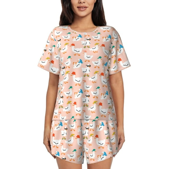 Yiaed Cute Ducks In Hats Print Short Sleeve Pajama Sets for Women Casual Crew Neck 2 Piece Lounge Sets Women's Short-Sleeved Pajama-3X-Large