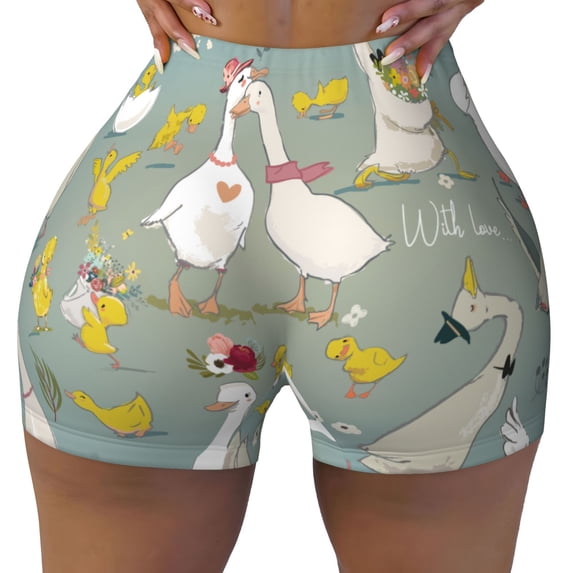 Yiaed Cute Farm Birds Print Women's Athletic Shorts Running Shorts Sporty Short High Waisted Elastic Workout Shorts for Yoga Gym Running & Sports -X-Large