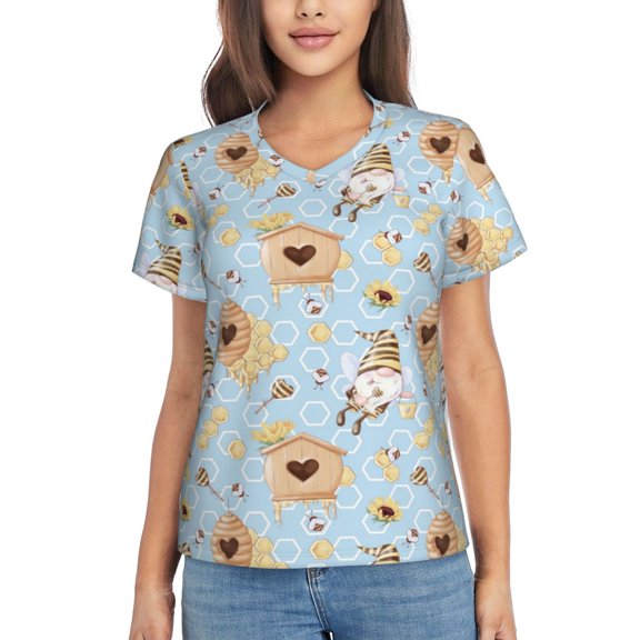 Yiaed Cute Gnome Bee Collects Honey Print Women's T Shirt V-Neck Short Sleeve Shirt Casual Breathable Tee Summer Tops-XX-Large