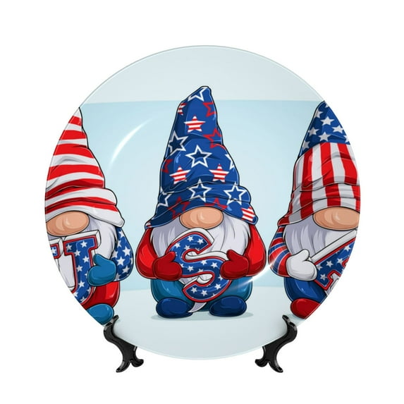 Yiaed Cute Gnomes in USA1 Print Bone China Decorative Plate Ceramic Dinner Plates Art Crafts with Display Stand-8in