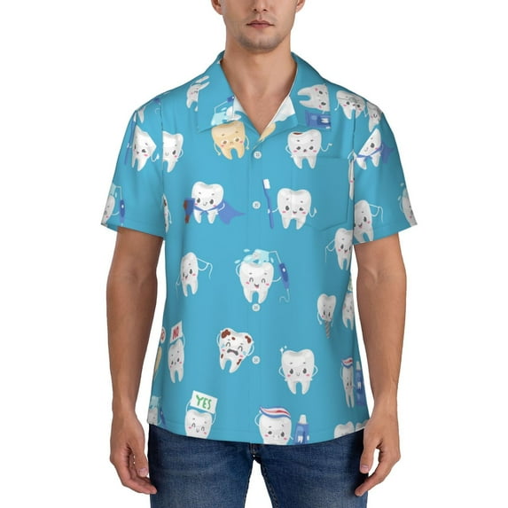 Yiaed Cute Healthy Teeth Print Hawaiian Shirt for Men Short Sleeve Button Down Shirts Beach Shirts for Men-3X-Large